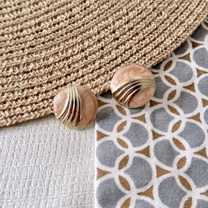 Vintage Gold Wave Coral Swirl Enamel Button Round Art Deco Earrings, Post Back